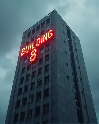 a brutalist skycraper in a cloudy sky. A read/orange neon sign on the facade says "BUILDING 8". realistic, dramatic, detailed, 8k














,a tall building with a neon sign on it,bulding,overbuil