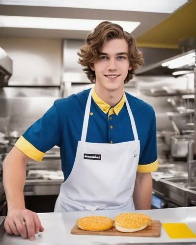 Kenny, young adult male, casual, (20yo), messy brown hair, bright blue eyes, slight acne, yellow McDonald's uniform, white apron, name tag, black non-slip shoes, holding tray, serving customers, busy 