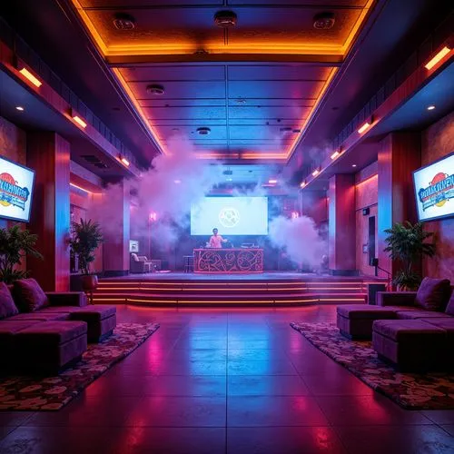 Vibrant nightclub interior, neon-lit dance floor, strobe lights, fog machines, DJ booth, VIP lounge areas, plush velvet sofas, metallic accents, dark wood tones, glossy finish, bold color schemes, ele