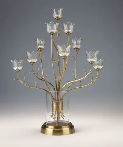 clear glass flower  with twig arms finish in antique brass,glass and ss base vase with 8 lights,candelabrum,candelabra,candelabras,ikebana,art deco ornament,tulpenbaum,Photography,General,Realistic