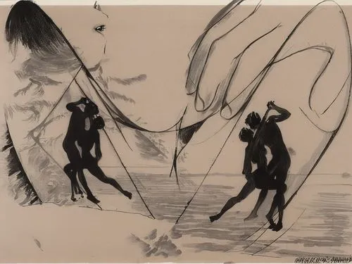 nude Beautiful nigerian girl, full dark curly hair, big dark almond eyes, full red lips, misty sky,a black and white drawing of people playing tug o war,calder,polke,uvi,blumenfeld,schiaparelli,mezzot