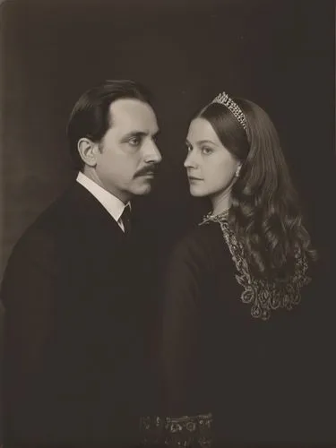 Full-length black and white portrait of Their Majesties King Charles I and Queen Olga of Württemberg.,an old po of a couple posing for the camera,ziegfeld,landau,ziegfield,gustave,forsyte,leighton,Pho