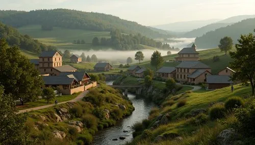 Rustic countryside, rolling hills, meandering streams, lush green forests, rural villages, traditional farmhouses, earthen buildings, natural stone walls, wooden bridges, winding paths, regional cultu