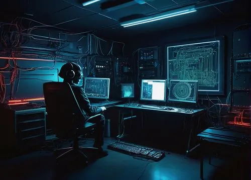 computer room,cyberpunk,man with a computer,barebone computer,cyber,cyber crime,sci fi surgery room,the server room,cyberspace,night administrator,computer workstation,neon human resources,computer desk,cybernetics,computer,a dark room,computer freak,laboratory,computer addiction,computer art,Illustration,Retro,Retro 16