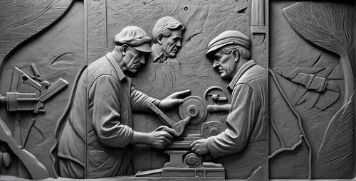 Draw a bas-relief. Depict elderly men, 60-70 years old, working at lathes in a factory, machining shells for tanks. They are wearing work overalls with their heads uncovered, no caps or headgear. The 