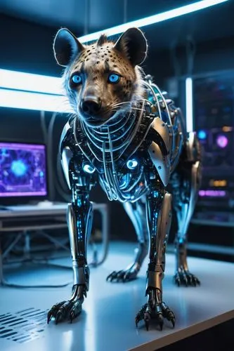 Hyena AI, futuristic laboratory, robotic animal, shiny metallic body, glowing blue eyes, sharp claws, advanced sensors, wires and circuits visible under transparent skin, standing on a raised platform