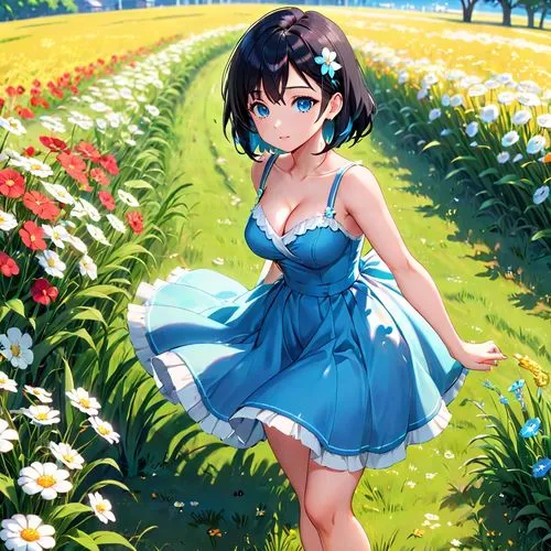 field of flowers,tsukiko,tsugumi,flower field,walking in a spring,spring background,Anime,Anime,Realistic