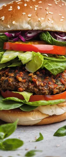 Transport yourself to a bustling food truck festival where you can savor a delicious vegan hamburger packed with fresh veggies and spicy sauce.,veggie burger,salmon burger,chicken burger,burger king p