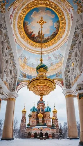 Russian Orthodox architecture, grandeur, onion-shaped dome, golden crosses, intricate stone carvings, colorful frescoes, majestic cathedral, Moscow, winter, snow-covered, frozen lake, bare trees, dram