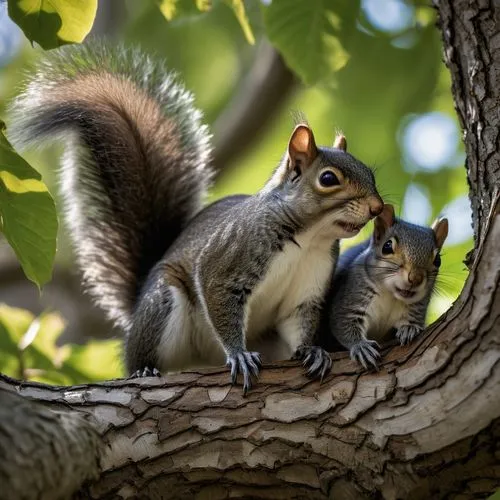 mommy black eastern grey squirrel and two baby black eastern grey squirrels playing in the branches of a large Catalpa tree. Sunlight filtering between the large catalpa leaves reflecting off the fur 