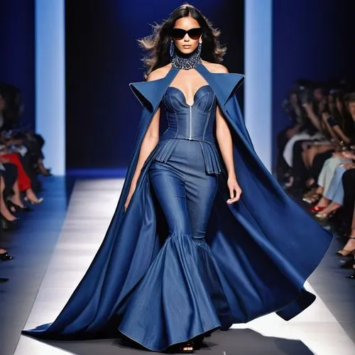 mazarine blue,fashion design,runway,catwalk,dress walk black,fashion designer,royal blue,cobalt blue,denim fabric,majorelle blue,navy blue,haute couture,fashion illustration,fashion vector,plus-size model,fashion doll,ball gown,bluebottle,overskirt,blue dress,Photography,General,Realistic