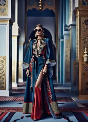 Fashion show ,a woman standing in an ornate hallway wearing a blue long dress,navys,rih,ahlam,vrih,beyonc,cardi,Photography,General,Realistic