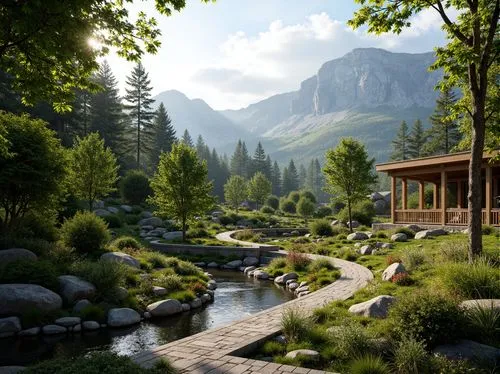 salt meadow landscape,riverwood,landscape background,house in the mountains,mountain settlement,mountain spring,home landscape,oberland,the cabin in the mountains,house in mountains,alpine landscape,alpine village,mountain scene,mountain landscape,mountain valley,rivendell,seclude,japanese garden,teahouse,mountain meadow