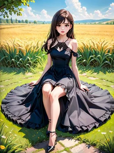 best qualtiy, 1girl, solo, long hair, looking at viewer, brown hair, black hair, dress,  bare shoulders, brown eyes,  sitting, collarbone, full body, outdoors, sleeveless, day, hand up, black footwear