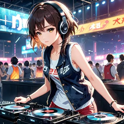 8k, uhd, handsome and stylish female DJ wearing headphones and cool little vest hot pants, cool technology, working turntable as DJ, cinematic art photo, authentic masterpiece, best quality, high reso