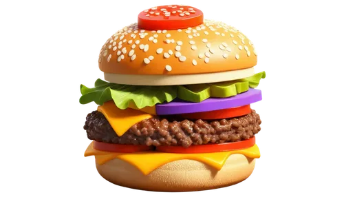 Cute burger, cartoon style, juicy patty, sesame seeds, lettuce, tomato, cheese, toasted bun, ketchup and mustard, colorful toppings, 3D rendering, high-angle shot, soft focus, warm color tone, appetiz