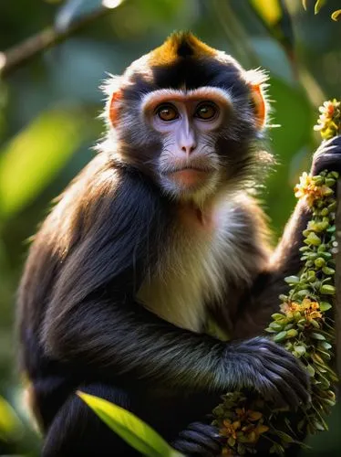 Wild, furry monkey, solo, (adult), brown fur, bright curious eyes, long tail, sitting on branch, jungle, tropical trees, vines, exotic flowers, warm sunlight filtering through leaves, 3/4 composition,