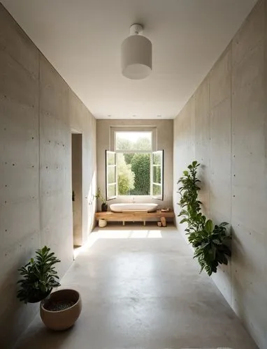 the room has plants and benches in it,concrete ceiling,exposed concrete,travertine,dinesen,concrete wall,corian,Photography,General,Realistic