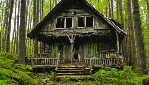 In a post-apocalyptic world, survivors seek refuge in Baba Yaga's house. Describe their struggle for survival.,house in the forest,tree house,tree house hotel,log home,treehouse,witch house,log cabin,