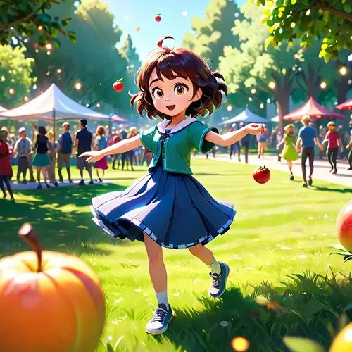 take random fruit, humanize it, maki it dancing in park,southpark style,summer,girl picking apples,picking apple,apple orchard,apple harvest,apple picking,autumn background,little girl running,cute ca