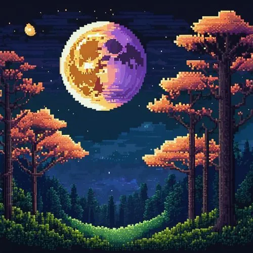 pixel art,moonrise,mushroom landscape,lunar landscape,hanging moon,moon at night,dusk background,lunar,moon night,forests,dusk,moon and star background,forest landscape,earth rise,retro background,dream world,moonlit night,forest of dreams,forest background,fantasy landscape,Unique,Pixel,Pixel 01