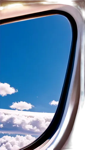 Airplane window, aerial view, blue sky, fluffy white clouds, wing tip, metal frame, glass reflection, morning light, soft shadow, 3/4 composition, shallow depth of field, warm color tone, cinematic li