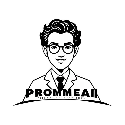 Logo for Promeai on the theme of brilliant scientist mascot , vintage, logo, clean, solid color, black and white color, clip art style, vector,pomade,promontory,propane,pompadour,premises,pecel,progra