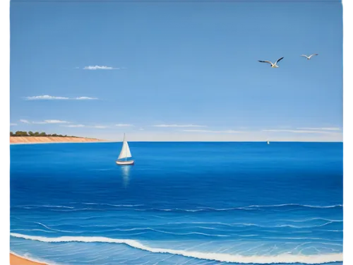 Calming ocean scene, vast blue water, gentle waves, soft foam, distant horizon, sailboat in distance, seagulls flying overhead, warm sunlight reflecting off water, 3/4 composition, shallow depth of fi