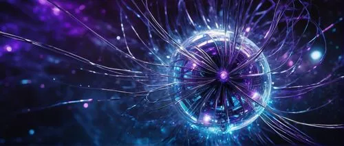 Futuristic spinquark, glowing blue particle trails, intricate mechanical limbs, metallic silver body, pulsing purple core, orbiting electrons, quantum fluctuations, abstract nebula background, vibrant