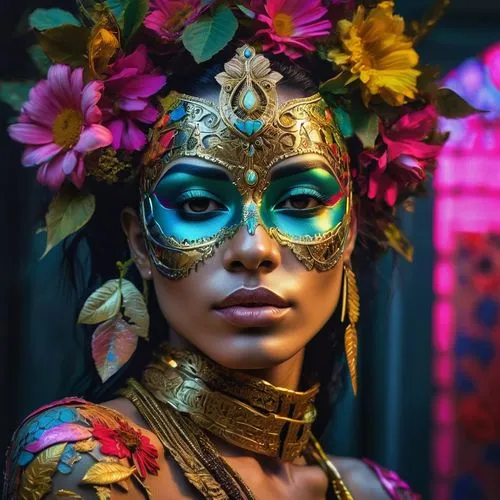 Uma mulher indiana, com belos cabelos longos, seminua, olhar firme e seguro, empoderada,masquerade,venetian mask,balinese,sinulog dancer,asian costume,bali,brazil carnival,indonesian women,gold mask,p