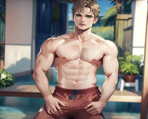 adan canto shirtless wearing sweatpants, shirtless, shiny body sitting on rocking chair,a man is posing for the camera in swim trunks,wightman,cavill,bara,baras,kazuya,zacchara,Anime,Anime,General