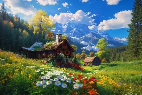 home landscape,meadow landscape,house in mountains,mountain meadow,landscape background,summer cottage,alpine meadow,mountain scene,house in the forest,house in the mountains,the cabin in the mountains,nature landscape,fantasy landscape,alpine village,mountain hut,flower meadow,meadow and forest,cottage,landscape nature,summer meadow