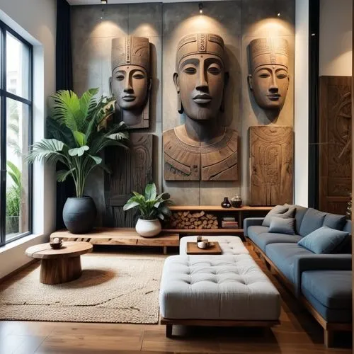 The dimensions and placement of the furniture in the room will remain constant. Large relief sculptures on the wall add a strong ethnic atmosphere to the space. These figures in dark wood or stone app