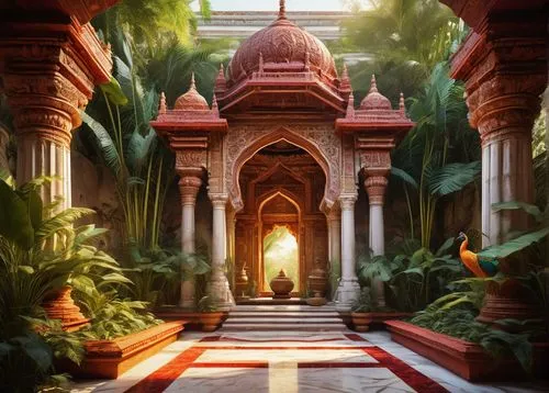 Ancient Indian temple, intricate carvings, ornate decorations, red stone walls, golden domes, white marble floors, grand entrance gates, vibrant peacock sculptures, lush greenery surroundings, tropica