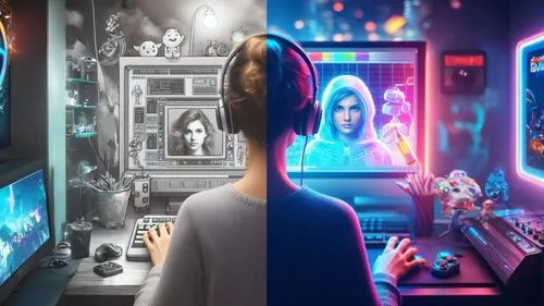 two women who are looking at televisions,arcade games,pinball,jukeboxes,computervision,computer art,computer games