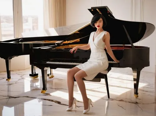 Rhythmic living room, modern minimalist, sexy lady, 25yo, short black hair, red lipstick, elegant white dress, high heels, dancing pose, grand piano, luxurious couch, marble floor, glass coffee table,