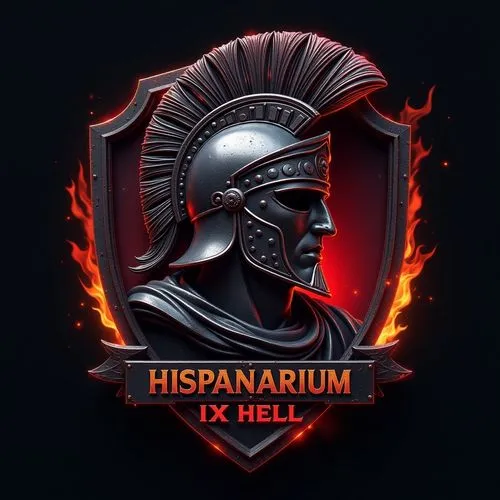 Crea un logotipo de una insignia cromada en 3D de aspecto envejecido en forma de polígono para un clan de deportes electrónicos  con un casco romano imperial y que en la parte inferior del emblema est