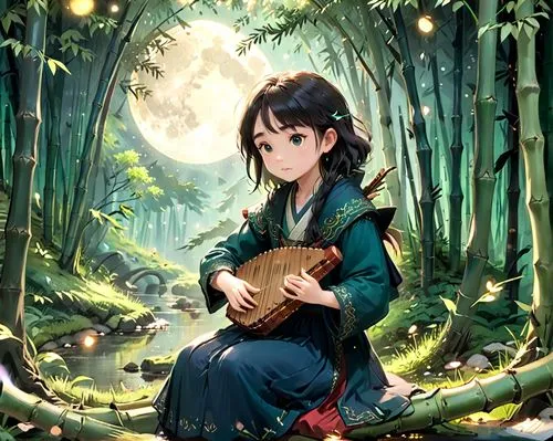 bamboo flute,studio ghibli,forest clover,forest background,fairy tale character,girl with tree,little girl reading,game illustration,mystical portrait of a girl,dulcimer,girl picking flowers,bamboo forest,in the forest,girl with bread-and-butter,forest of dreams,shirakami-sanchi,fairy tale,musical background,forest,children's fairy tale,Anime,Anime,Cartoon