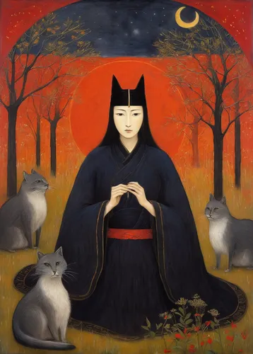 kitsune,chinese pastoral cat,shirakami-sanchi,jizo,japanese art,daikon,lucky cat,cat family,jiji the cat,mari makinami,inari,kishu,akita inu,han thom,tea ceremony,siamese cat,full moon day,cat's cafe,meditation,girl with dog,Illustration,Abstract Fantasy,Abstract Fantasy 15