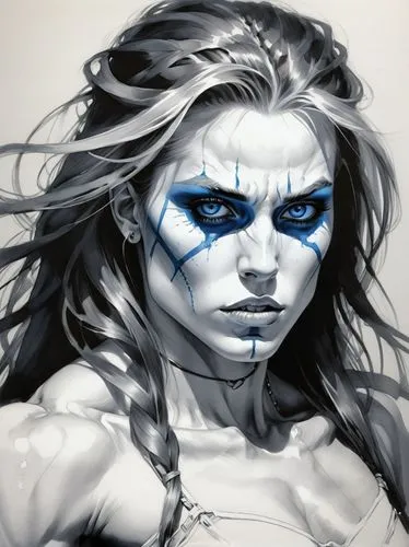 a white pencil drawing comes alive with lines from a bold, dramatic image of a female barbarian with long, slender hair and piercing blue eyes. The lines are so clear that it seems to touch the darkne