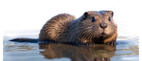 Nutria, rodent, semi-aquatic, furry body, brown fur, webbed hind feet, small eyes, whiskers, wet nose, swimming pose, water ripples, morning light, soft focus, 3/4 composition, natural colors, shallow