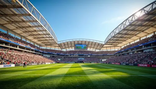 Vibrant sports stadium, energetic crowd, lush green grass, bold white stripes, dynamic scoreboard, modern architecture, sleek metal beams, transparent glass fa\u00e7ade, bright LED lights, electric bl