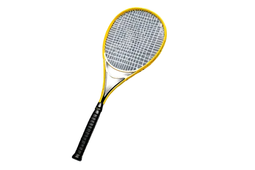 Tennis racket, sports equipment, transparent background, wooden handle, black grip tape, white and yellow strings, metallic frame, curved shape, dynamic pose, low-angle shot, dramatic lighting, shallo