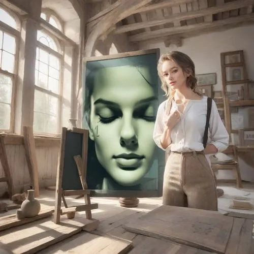 mona lisa,easel,the mona lisa,holding a frame,art deco frame,image manipulation,icon magnifying,photo painting,droste effect,painter,photomanipulation,photo manipulation,italian painter,art model,sarah walker,artistic portrait,fantasy portrait,woman face,leonardo,woman's face,Photography,Realistic