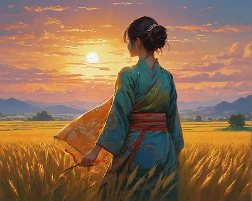 rising sun,rice fields,mukimono,hanbok,japan landscape,ricefield,landscape background,mulan,the rice field,summer evening,yamada's rice fields,world digital painting,rice field,yellow grass,japanese woman,oriental,japanese art,setting sun,芦ﾉ湖,flower in sunset,Photography,General,Natural