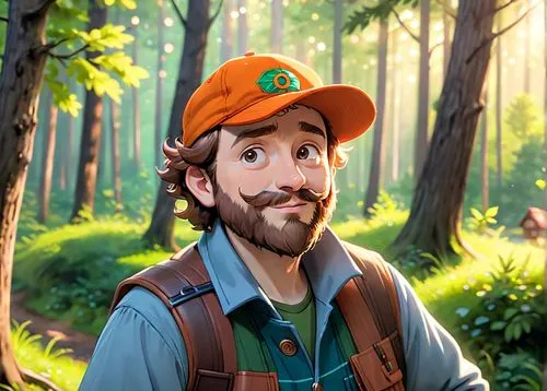 A 45 year old man, he is a forester, he is wearing an orange cap with a logo on it, his beard is chesnuts colored, he is wearing forester clothes green and brown colored, he has a few rickles on his f