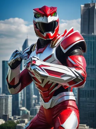 Mighty Morphin Power Rangers, Jason Lee Scott, Red Ranger, Tyrannosaurus Rex, Megazord, 3/4 composition, dynamic pose, powerful muscular arms, red and white armor, silver helmet, confident facial expr