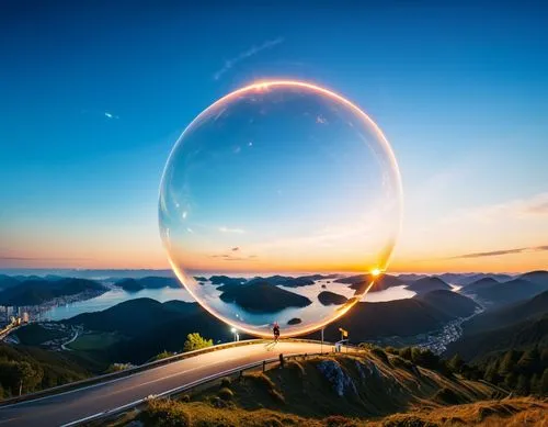 logo engagement,an orb hovering over a mountain top with a sunset,lensball,giant soap bubble,glass sphere,crystal ball-photography,glass ball,orb,Photography,General,Realistic