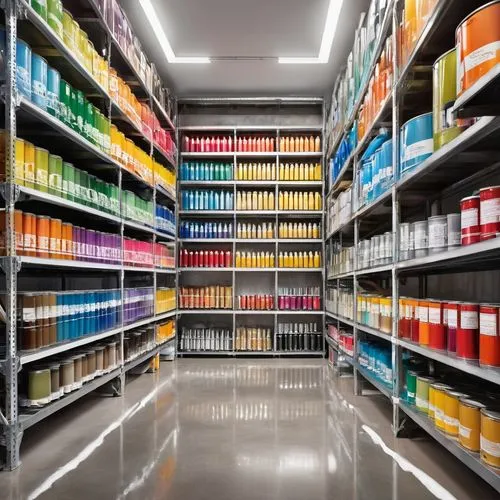 Industrial scene, factory interior, architectural paints and coatings, various color swatches, metal shelves, stacked cans, brushes, rollers, paint trays, colorful labels, reflective metal surfaces, c