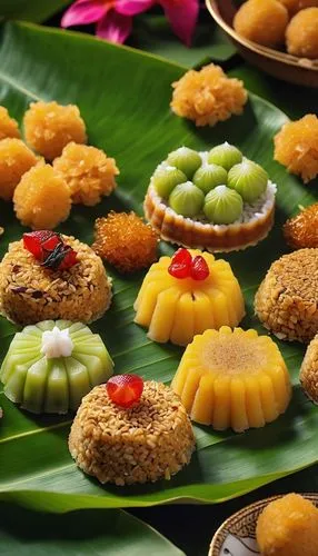 A hyper-realistic close-up photo of a vibrant assortment of Malay kuih (bite-sized cakes and snacks) on a banana leaf putu, perfectly sized for a vertical phone screen. The kuih should showcase a vari